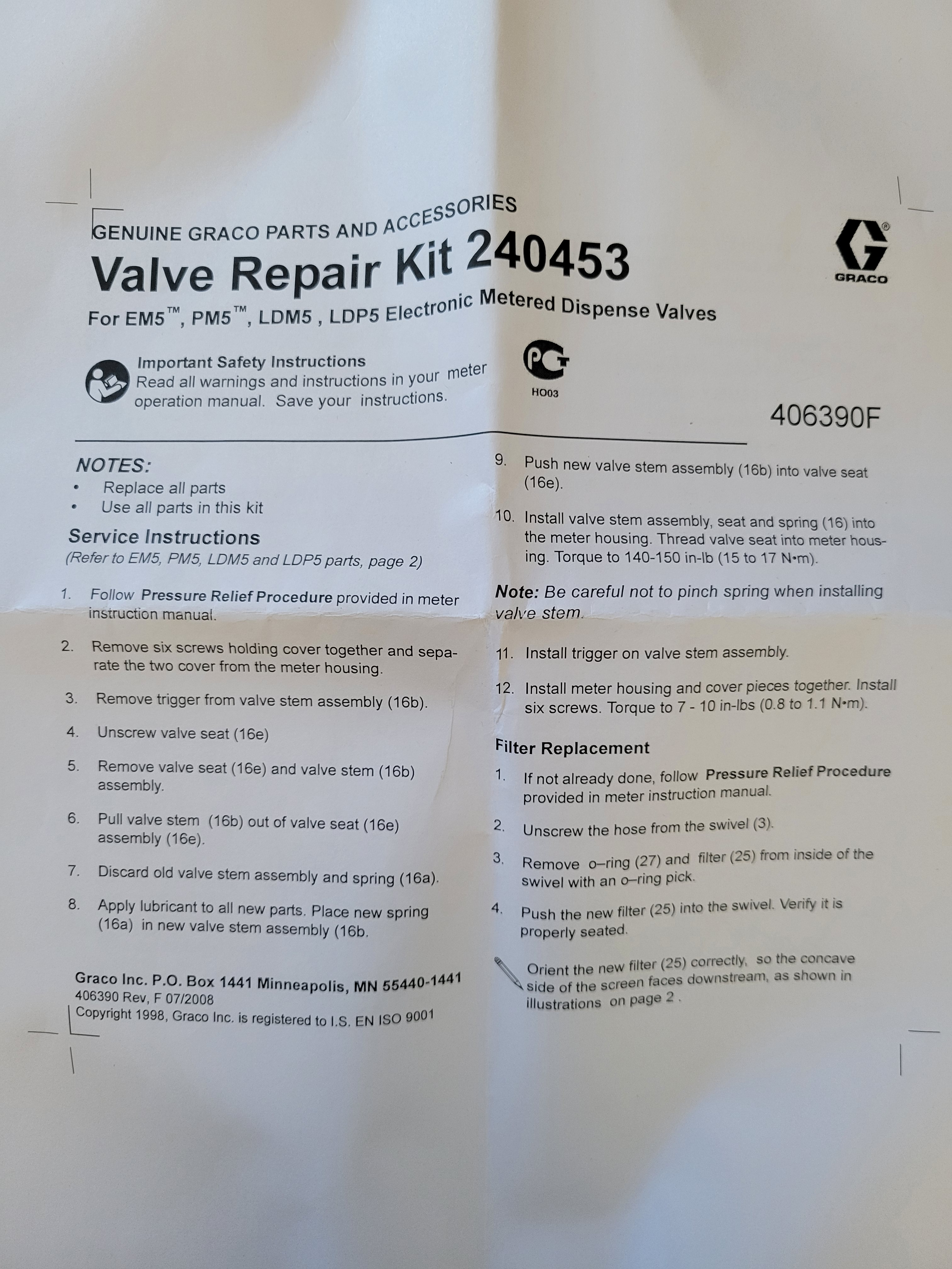 Graco 240453 Valve Repair Kit