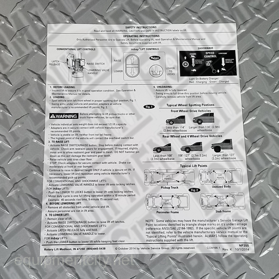 Rotary NP355 OPERATING INSTRUCTION LABEL - Included in FA5203KIT